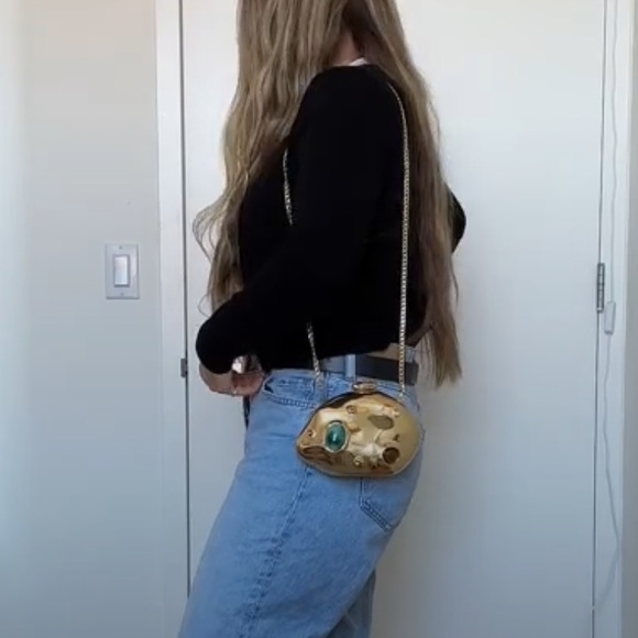 ZARA  METALLIC MINAUDIÈRE Stone Encrusted Gold Clutch Bag with chain - Picture 8 of 13